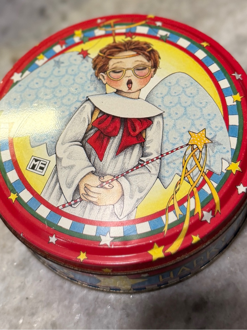 Mary Engelbreit Red Angel Tin with Blue Wings and Yellow Accents